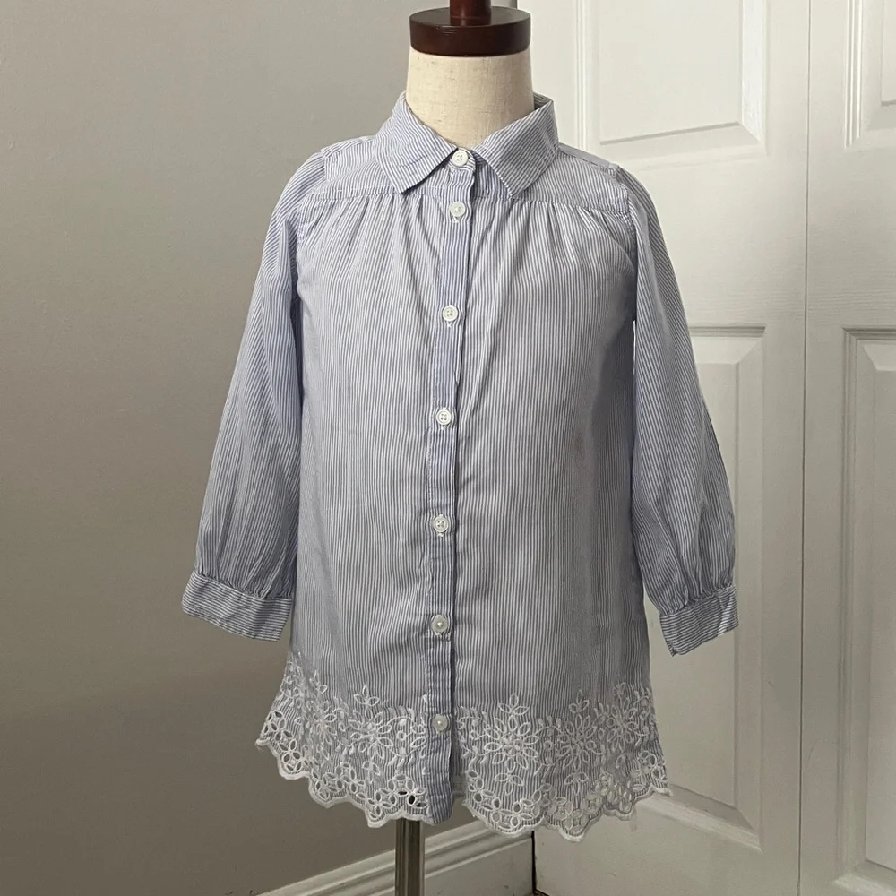 BABY GAP Girl Blue Striped Long Sleeves Cotton Blend Shirt Dress | 3